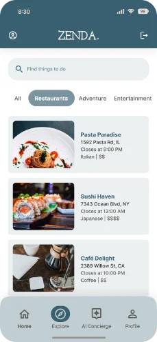 Restaurant reservations screen